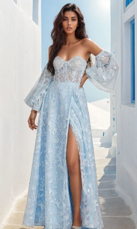 Long Puff-Sleeve Prom Dress with Sheer Bodice sold by PromGirl