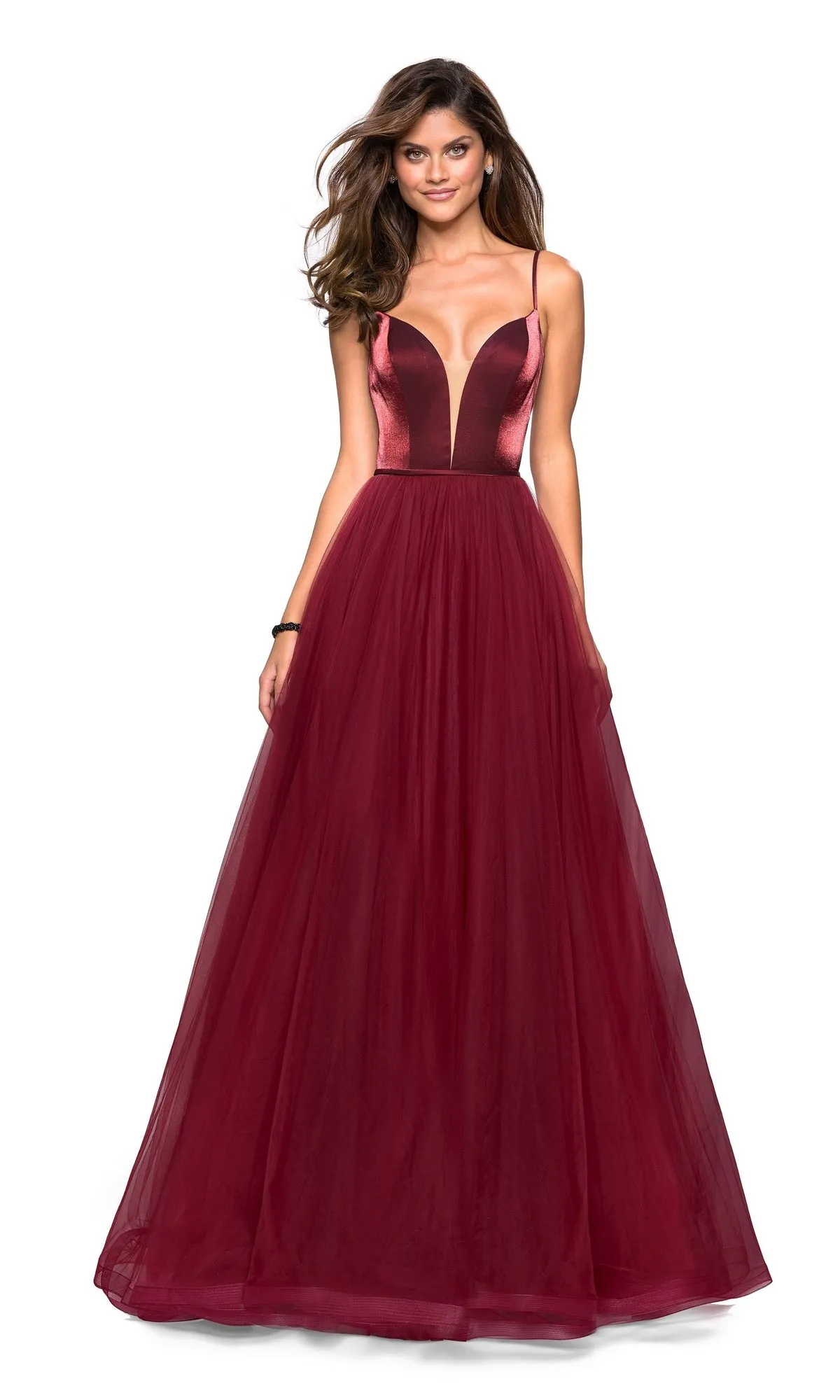 A-Line Open-Back V-Neck Prom Dress: La Femme 27485 sold by PromGirl
