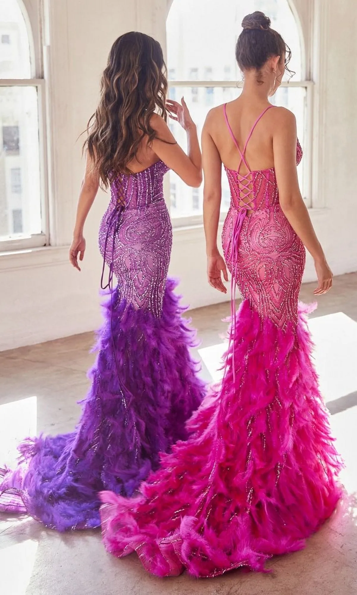 Feather-Trim Long Beaded Mermaid Prom Dress CC2308 sold by PromGirl product image thumbnail 2