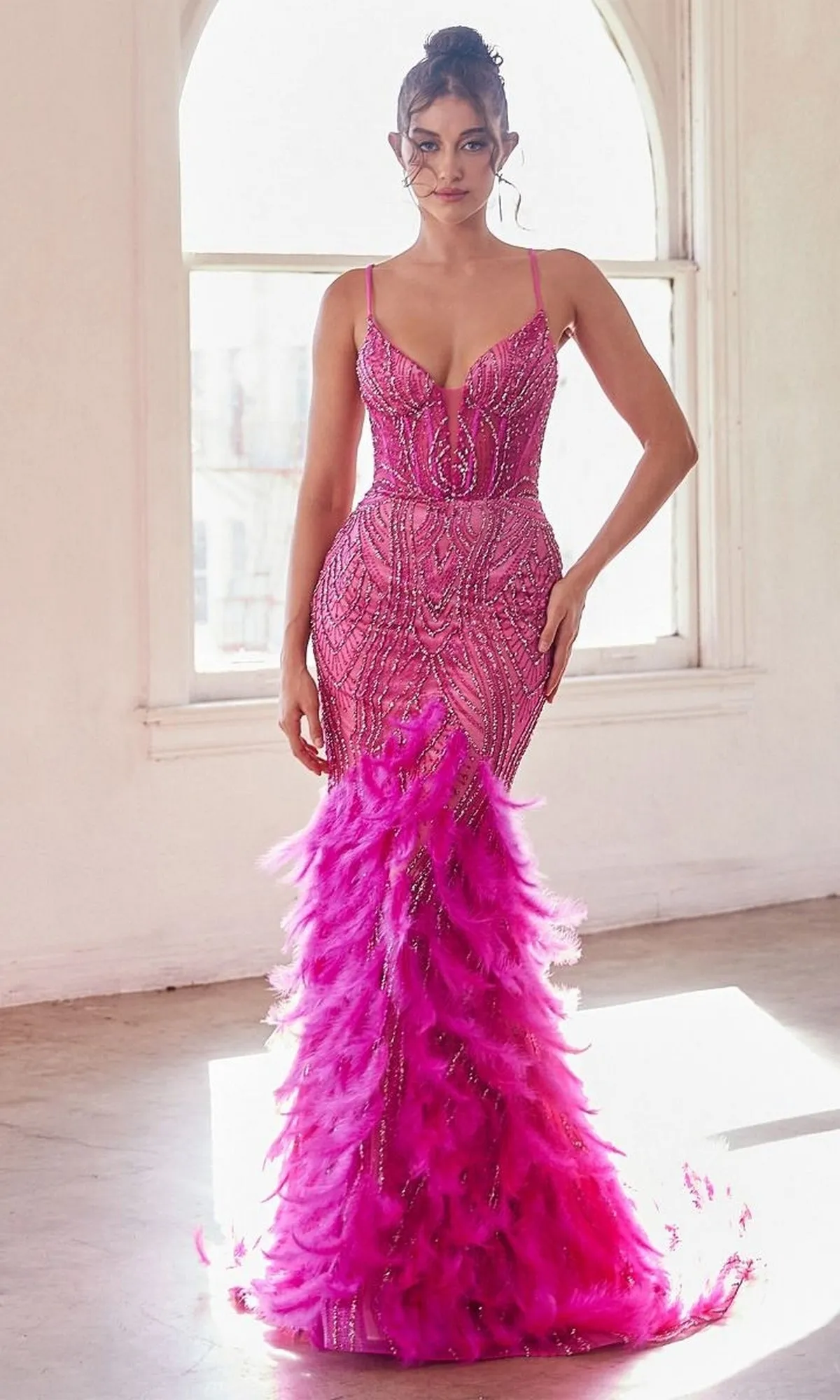 Feather-Trim Long Beaded Mermaid Prom Dress CC2308 sold by PromGirl product image thumbnail 4