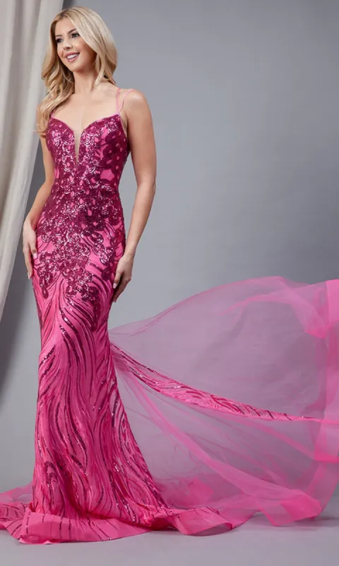 Sequin-Print Long Prom Dress 7021 with Tulle Train sold by PromGirl