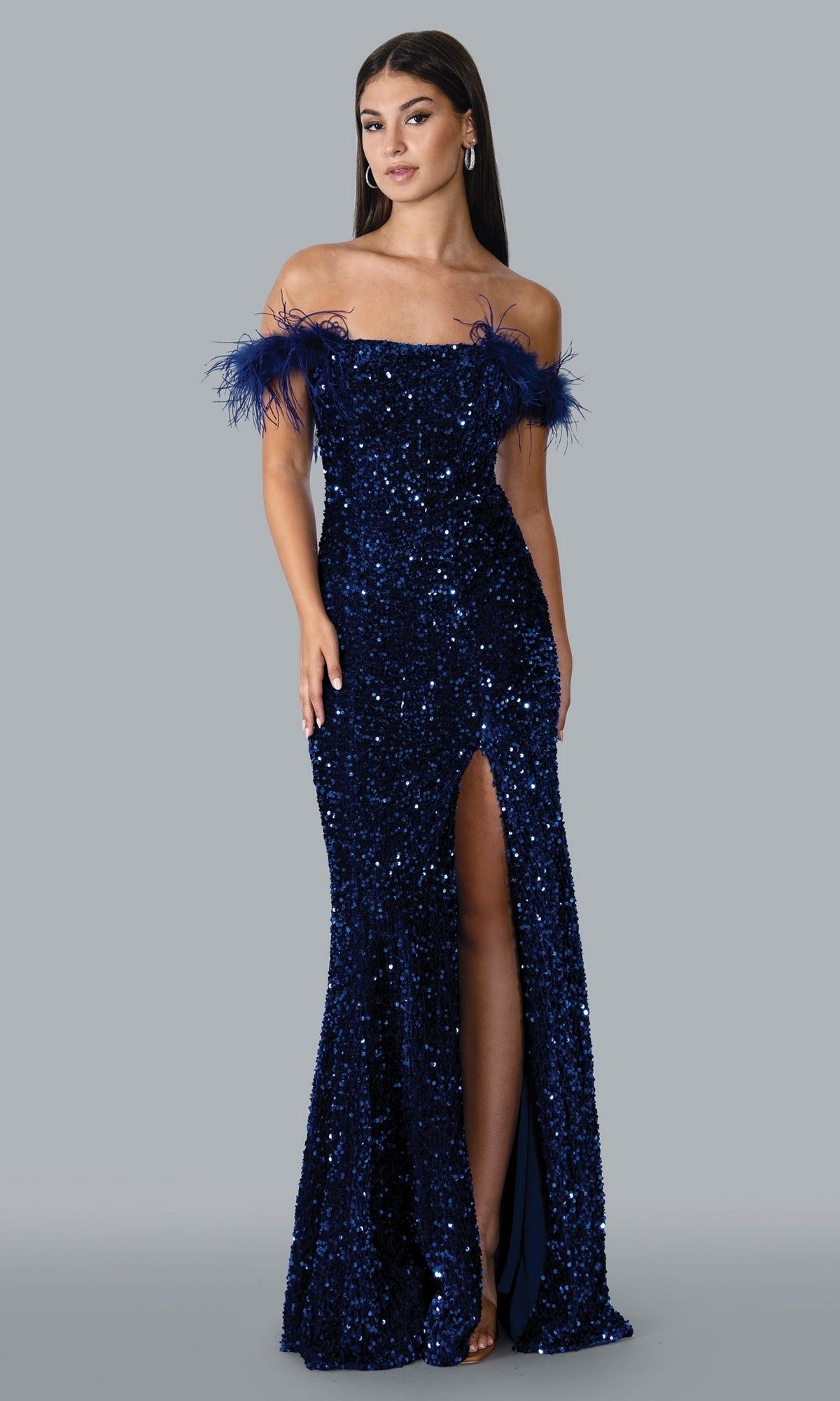 Off-Shoulder Long Sequin Prom Gown with Feathers sold by PromGirl product image thumbnail 3