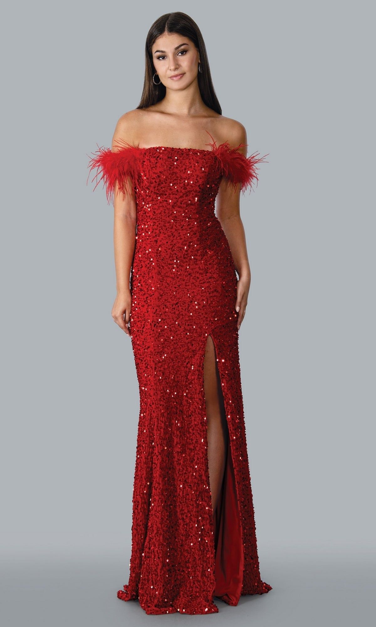 Off-Shoulder Long Sequin Prom Gown with Feathers sold by PromGirl product image thumbnail 5