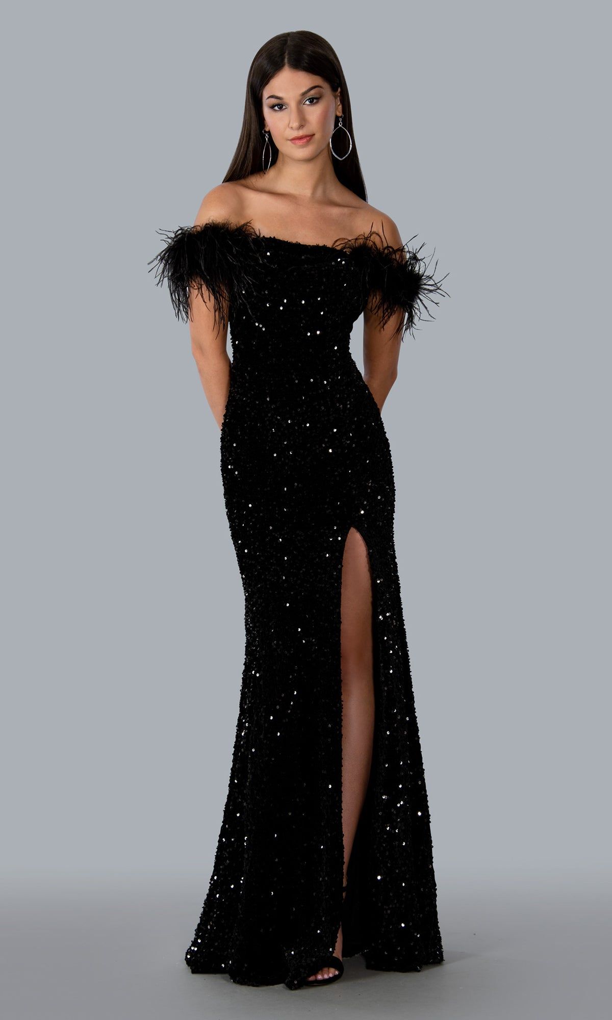 Off-Shoulder Long Sequin Prom Gown with Feathers sold by PromGirl product image thumbnail 4
