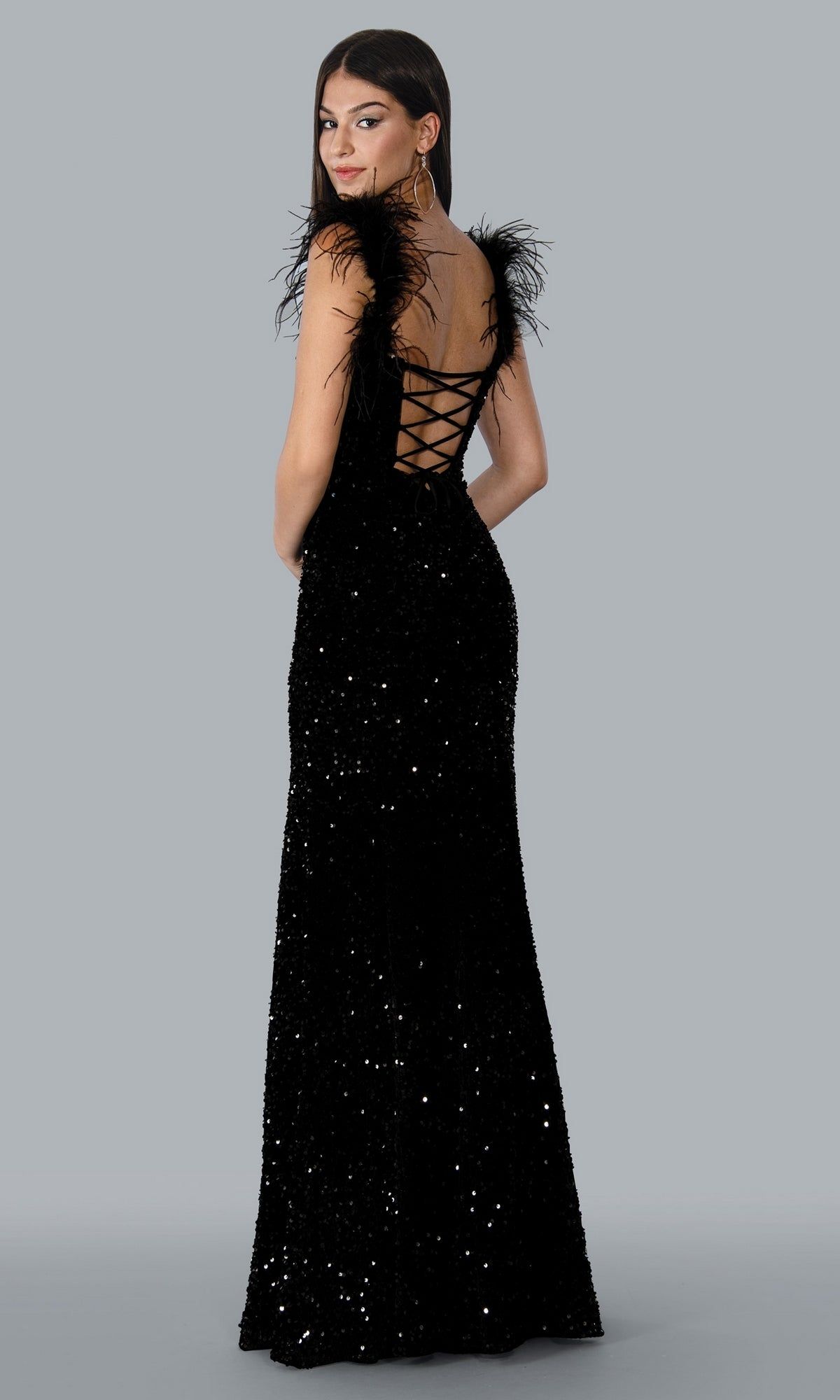 Off-Shoulder Long Sequin Prom Gown with Feathers sold by PromGirl product image thumbnail 2