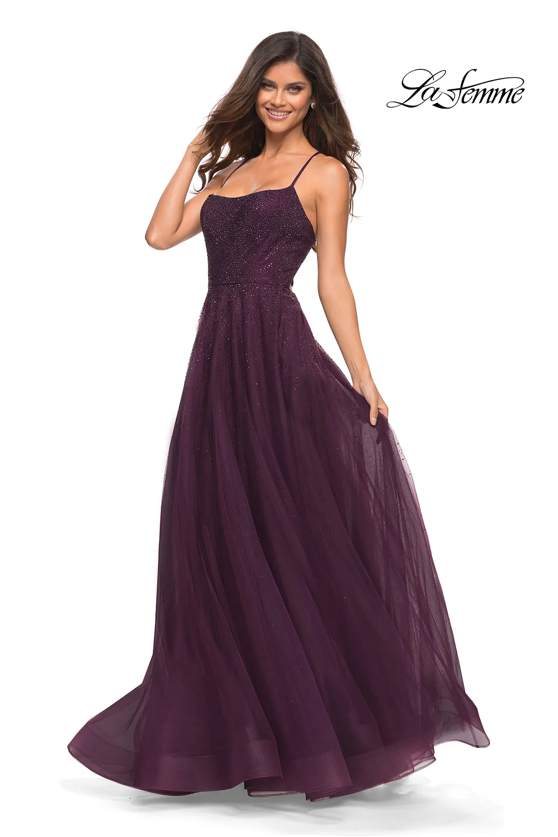 Corset-Back Long La Femme A-Line Prom Dress sold by PromGirl
