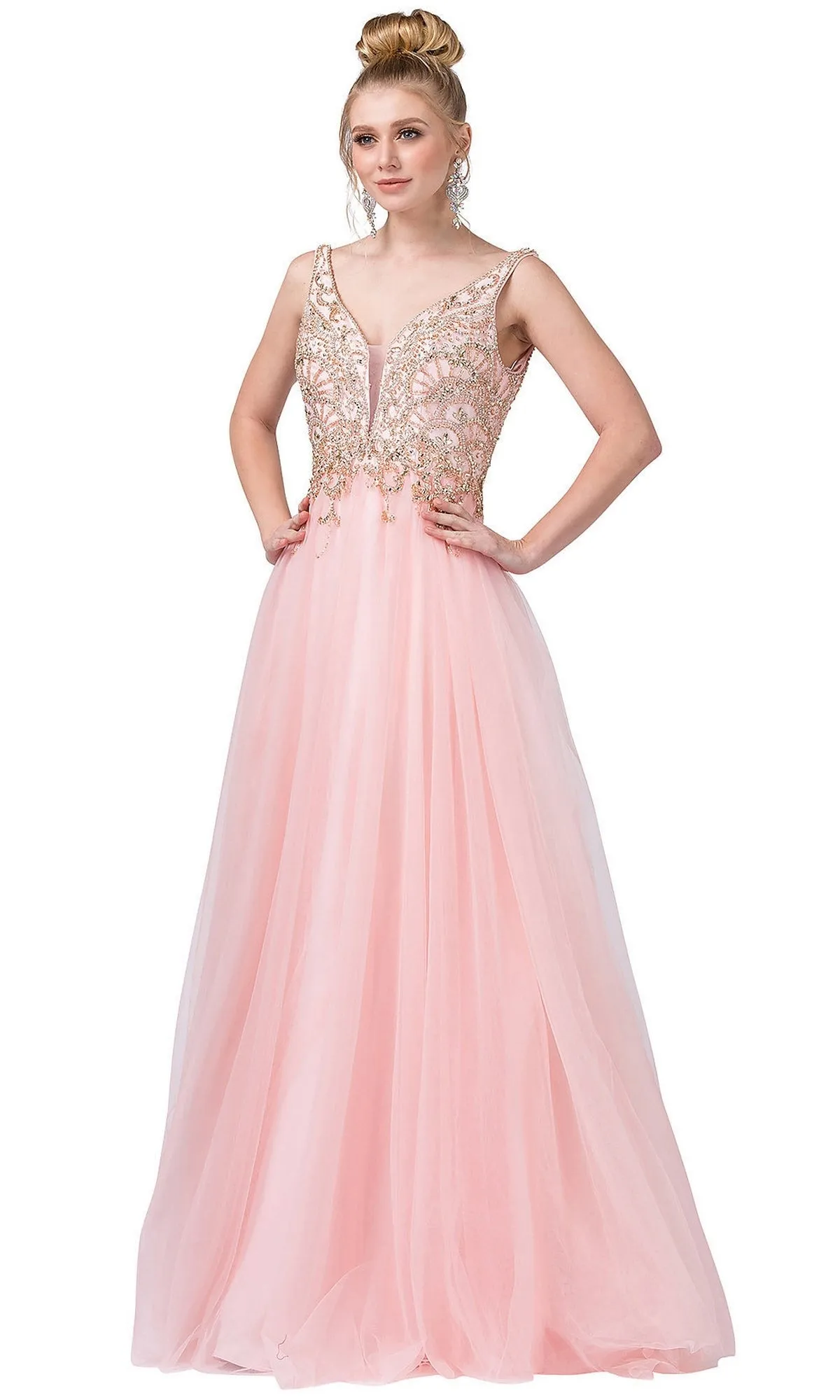 V-Back Long Prom Ball Gown with Beading sold by PromGirl