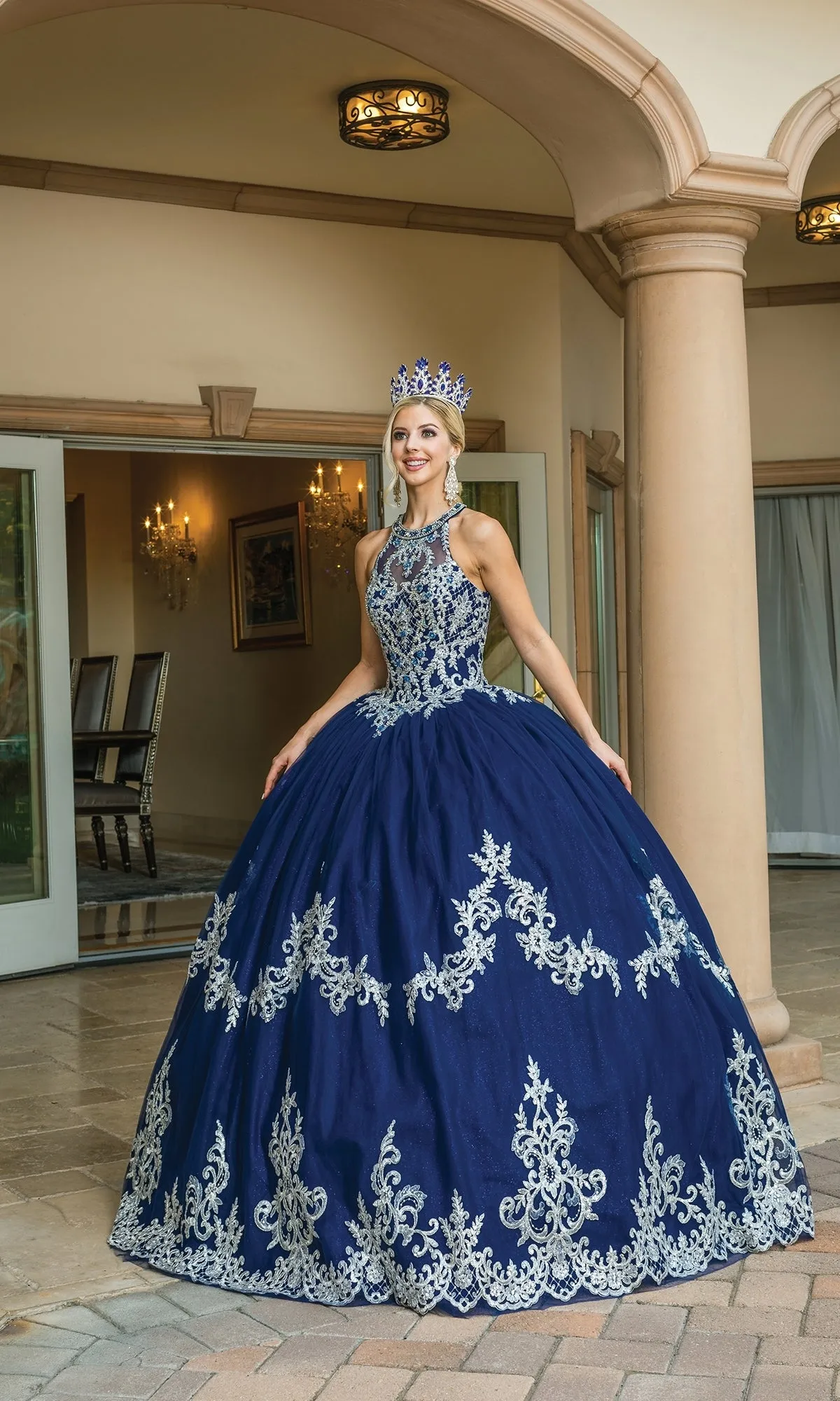 High-Neck Navy Quinceanera Dress 1607 sold by PromGirl