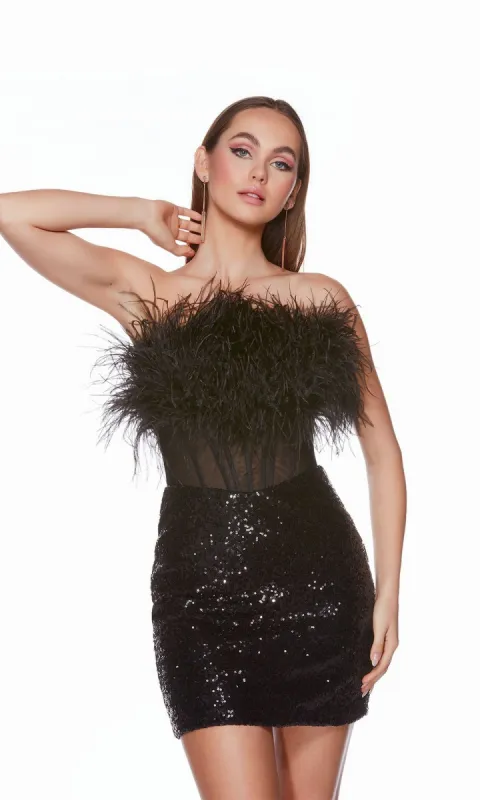 Sheer-Waist Feather Sequin Short Party Dress 4799 sold by PromGirl