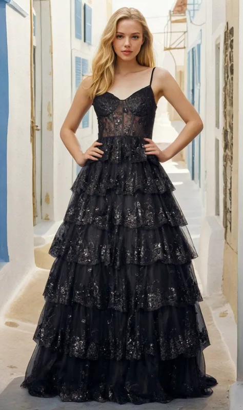 Long Ruffled A-Line Prom Ball Gown: Juliet JT2454K sold by PromGirl
