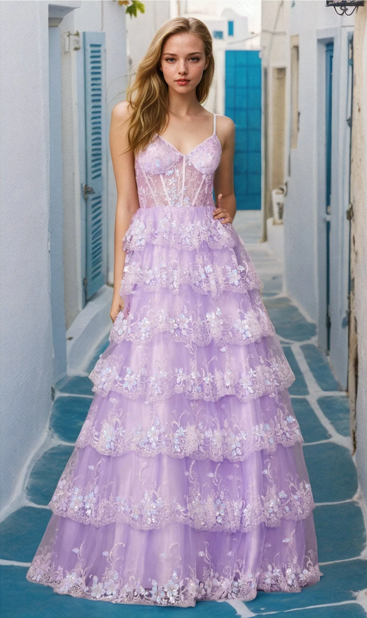 Long Ruffled A-Line Prom Ball Gown: Juliet JT2454K sold by PromGirl product image thumbnail 3