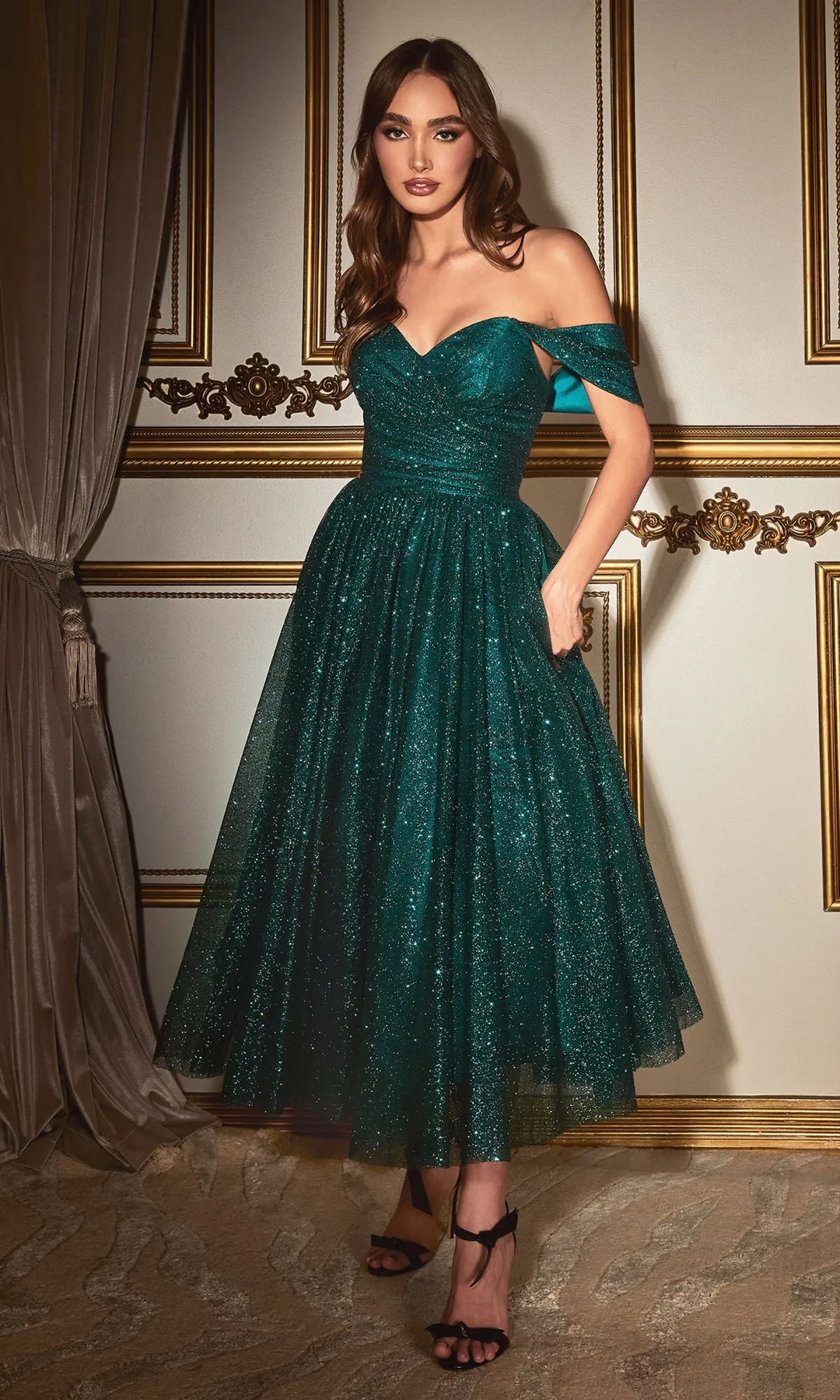 Glitter Tea-Length Off-Shoulder Hoco Dress CD870 sold by PromGirl