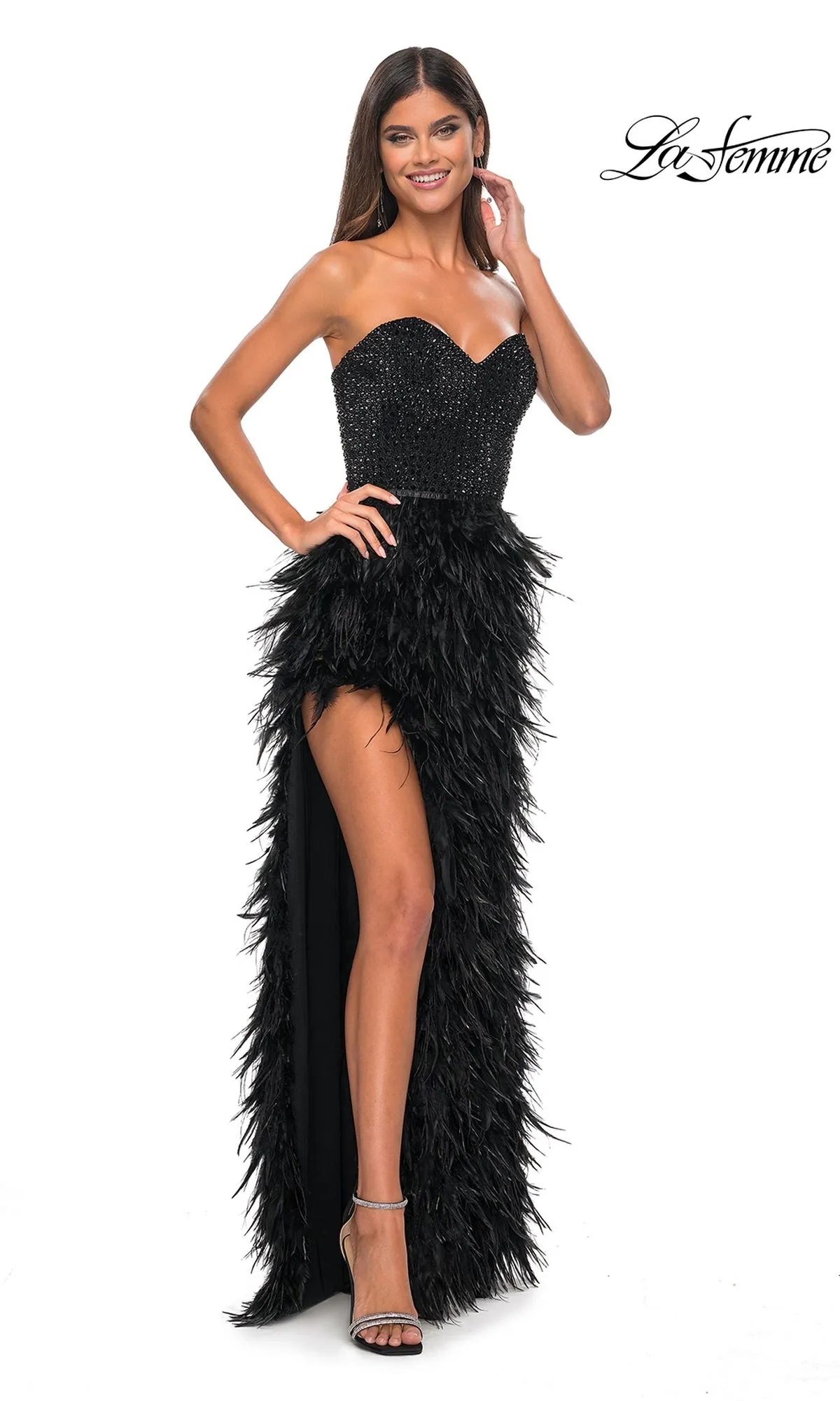 La Femme Feather Strapless Long Prom Dress 32165 sold by PromGirl