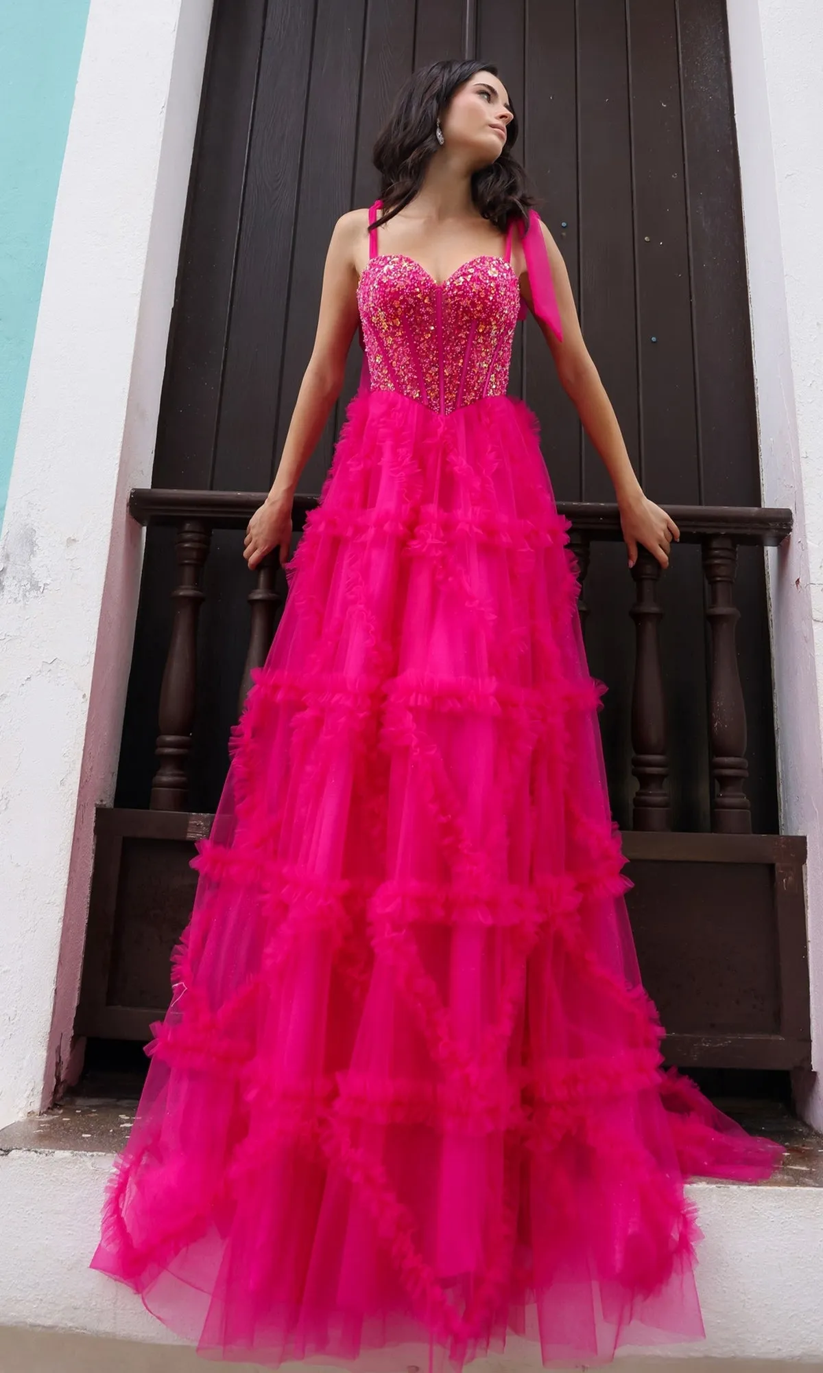 Shoulder-Bows Long Ruffled Prom Gown T1340 sold by PromGirl