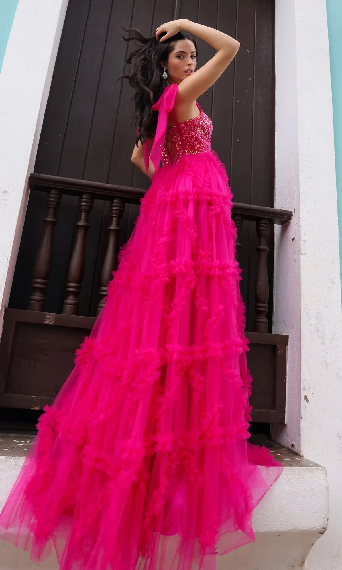 Shoulder-Bows Long Ruffled Prom Gown T1340 sold by PromGirl product image thumbnail 2