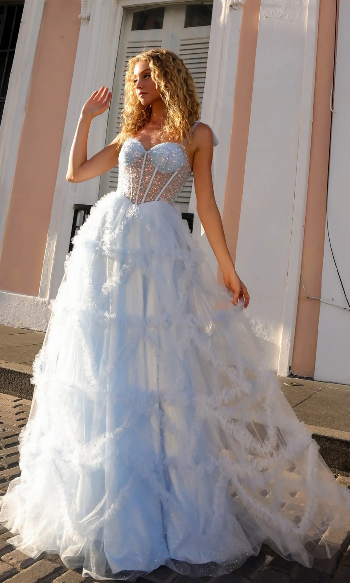 Shoulder-Bows Long Ruffled Prom Gown T1340 sold by PromGirl product image thumbnail 3