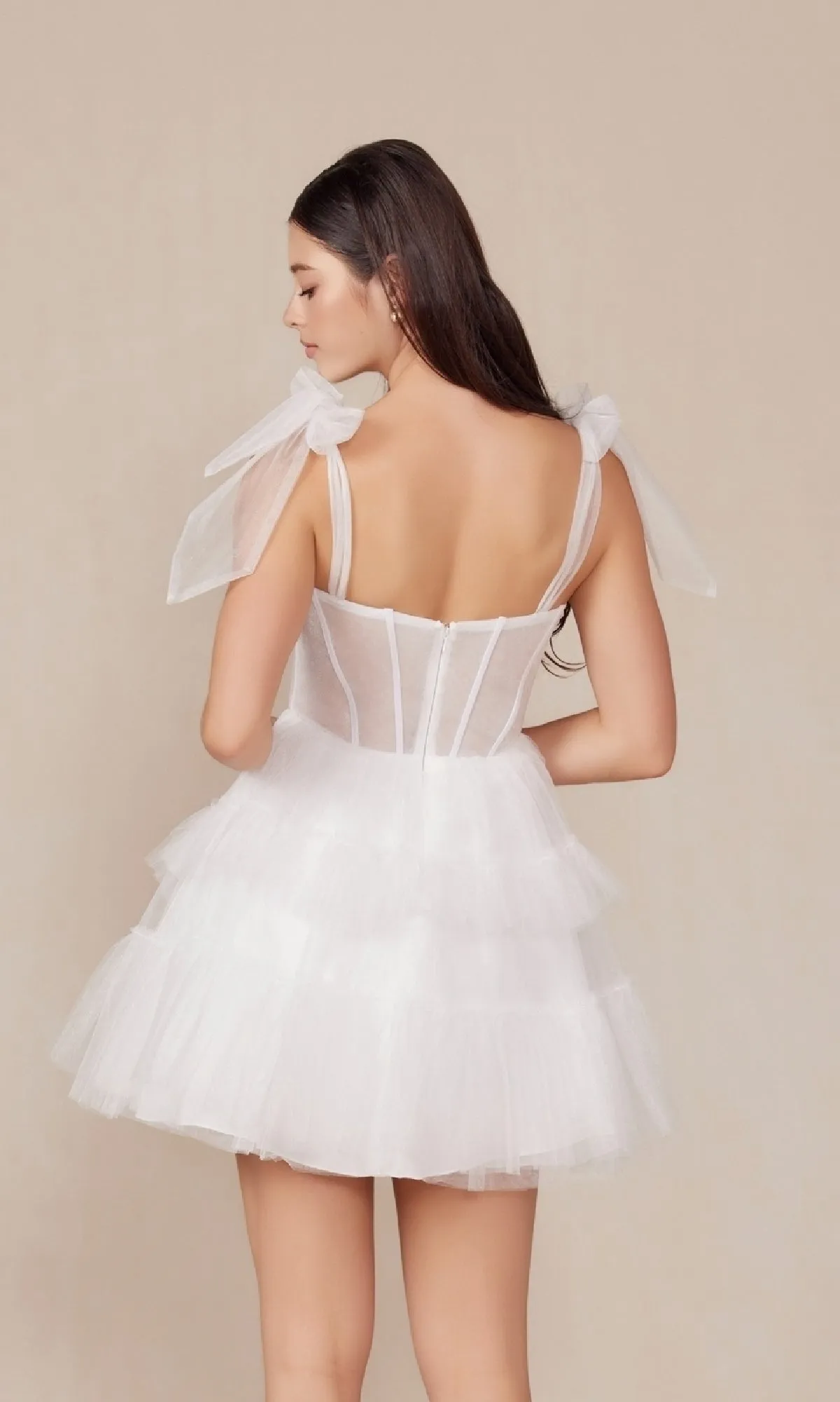 Sheer-Bodice Short White A-Line Party Dress Y858W sold by PromGirl product image thumbnail 3