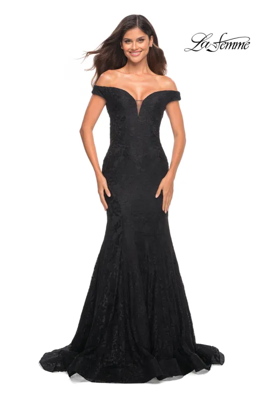 La Femme Off-the-Shoulder Long Lace Prom Dress sold by PromGirl