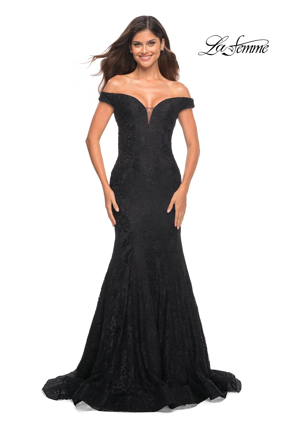 La Femme Off-the-Shoulder Long Lace Prom Dress sold by PromGirl