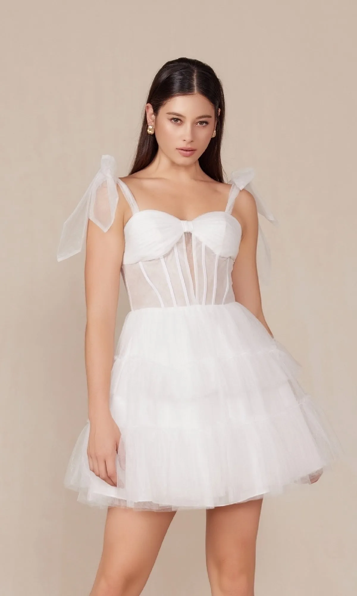 Sheer-Bodice Short White A-Line Party Dress Y858W sold by PromGirl