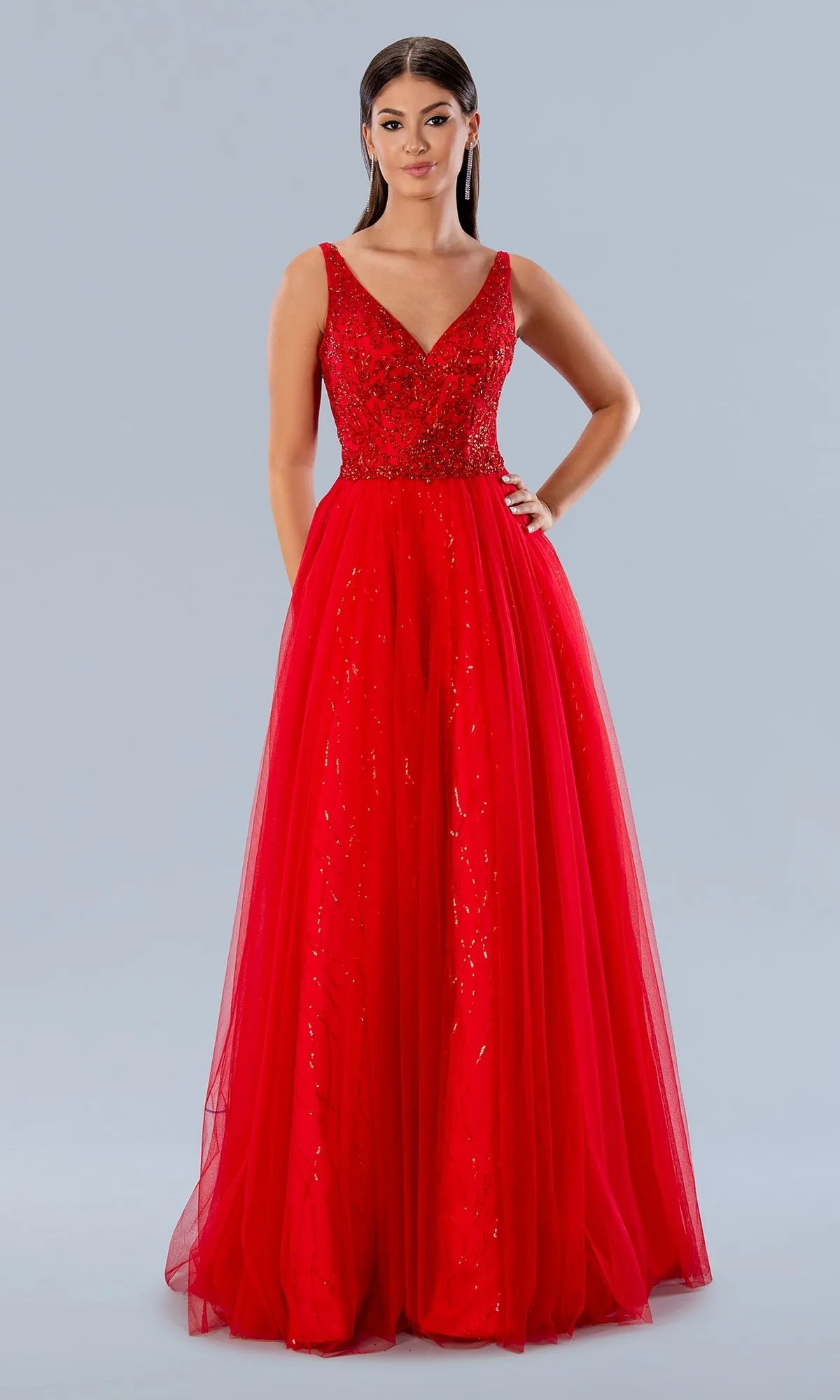 V-Neck Long Tulle Prom Dress: Stella Couture 24150 sold by PromGirl