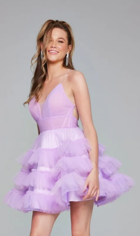 Strappy-Back Ruffle Short Hoco Dress: Jovani 39656 sold by PromGirl