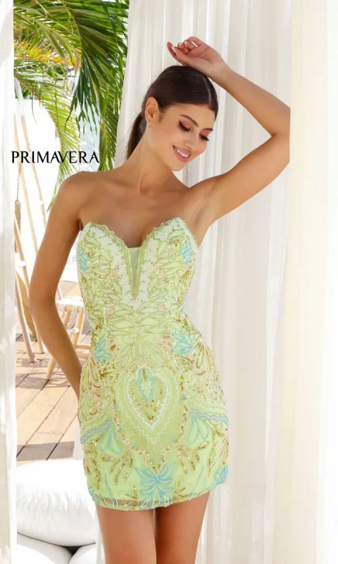 Strapless Short Beaded Hoco Dress: Primavera 4243 sold by PromGirl