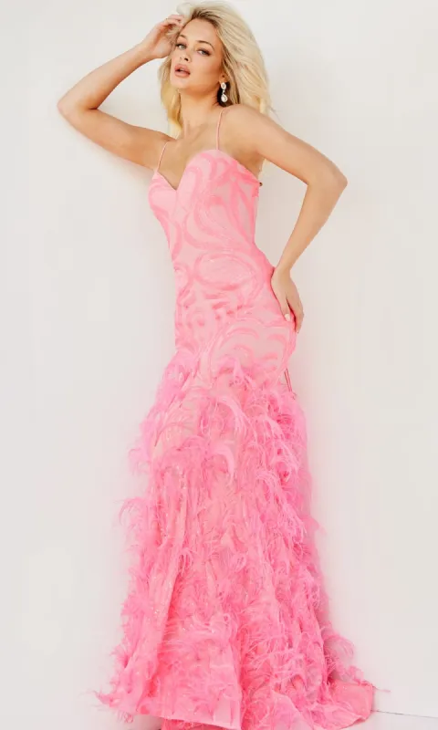 Jovani Sequin-Print Long Feather Prom Dress 07425 sold by PromGirl