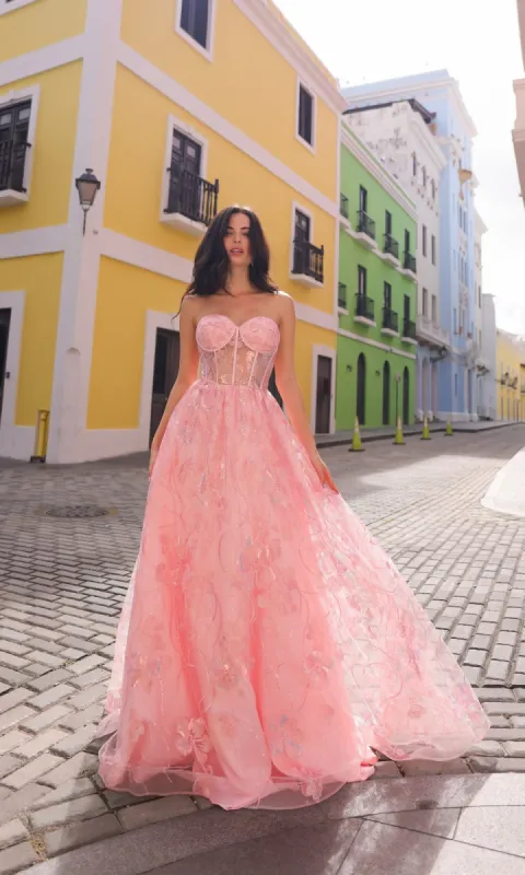 Sequin-Floral Strapless Long Prom Ball Gown T1332 sold by PromGirl