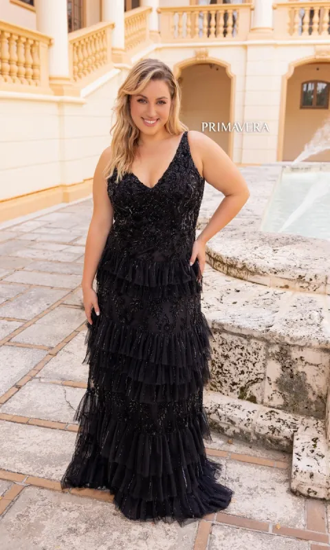 Primavera Tiered Plus-Size Long Prom Dress 14052 sold by PromGirl