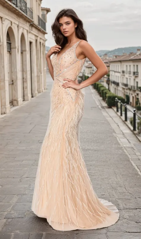 Long Champagne Feather Prom Dress: Chicas YG5036 sold by PromGirl