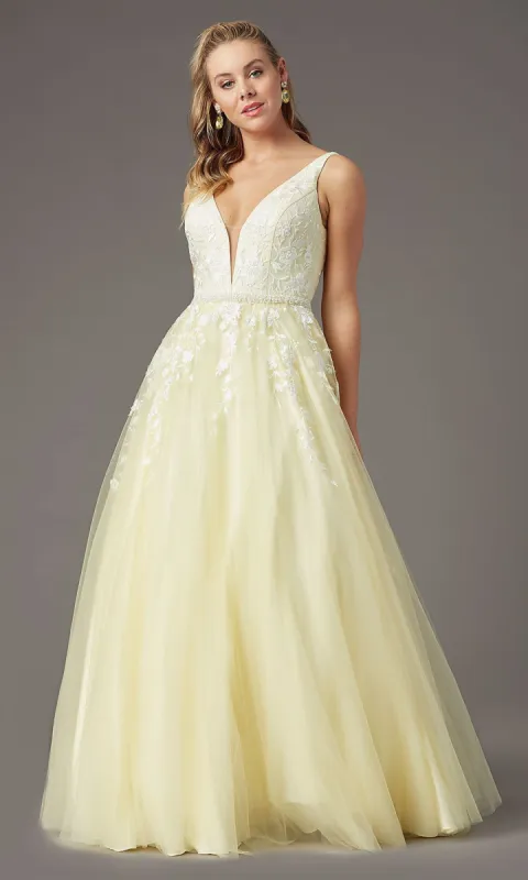 Long Deep-V-Neck Prom Ball Gown by PromGirl sold by PromGirl