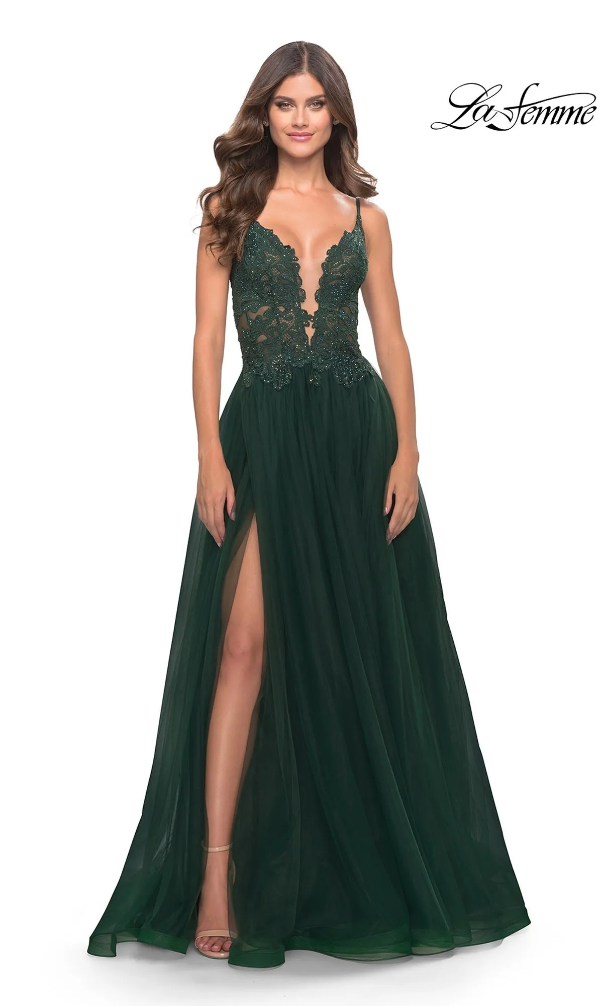 Lace-Bodice Long Tulle Prom Dress: La Femme 31507 sold by PromGirl