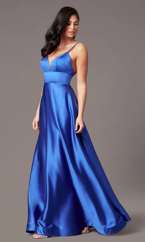 Long Satin V-Neck Prom Dress by PromGirl sold by PromGirl