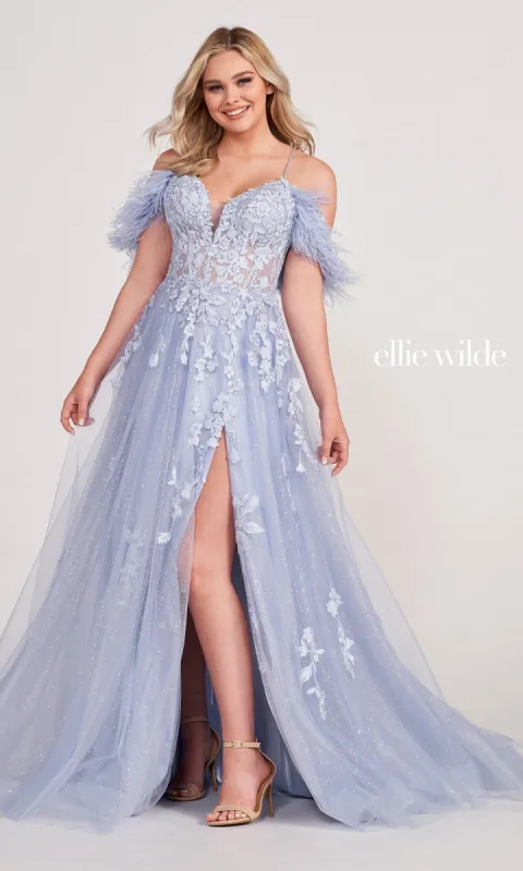 Glitter Ball Gown With Off The Shoulder Feather Sleeves made by ellie wilde