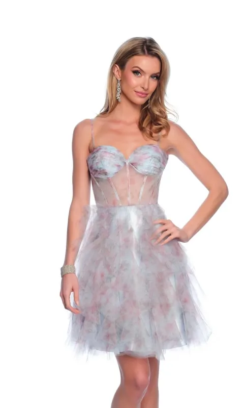 Dave and Johnny Blue-Print Short Hoco Dress 11886 sold by PromGirl