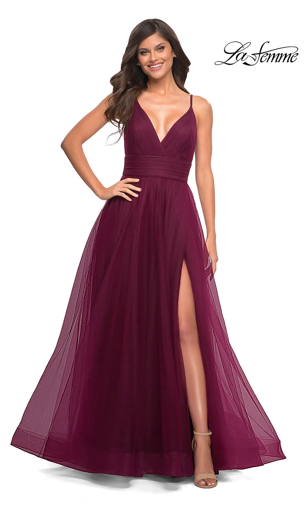 La Femme Long A-Line Tulle Ball Gown for Prom sold by PromGirl