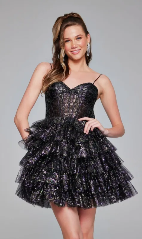 Short Black Glitter Hoco Dress: Jovani 39654 sold by PromGirl