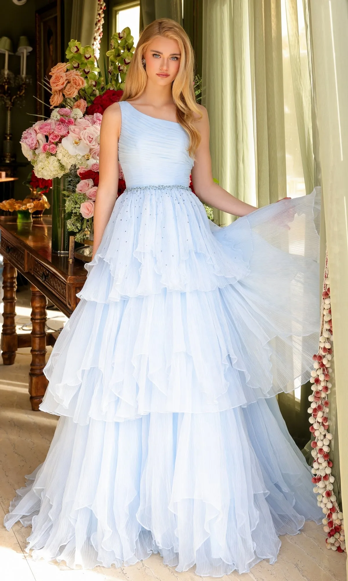One-Shoulder Tiered Prom Gown: Ava Presley 29131 sold by PromGirl