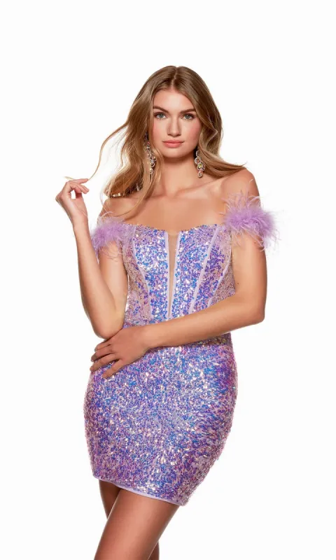 Feathered Off-Shoulder Sequin Homecoming Dress 4768 sold by PromGirl