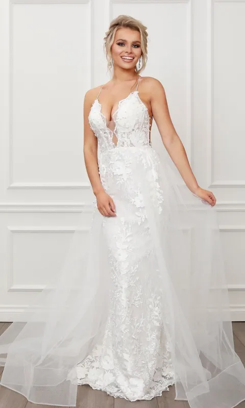 Long White Formal Prom Dress with Tulle Overskirt sold by PromGirl