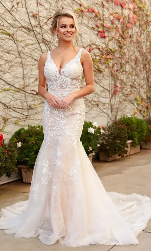 Illusion-Lace White Mermaid Long Formal Dress sold by PromGirl