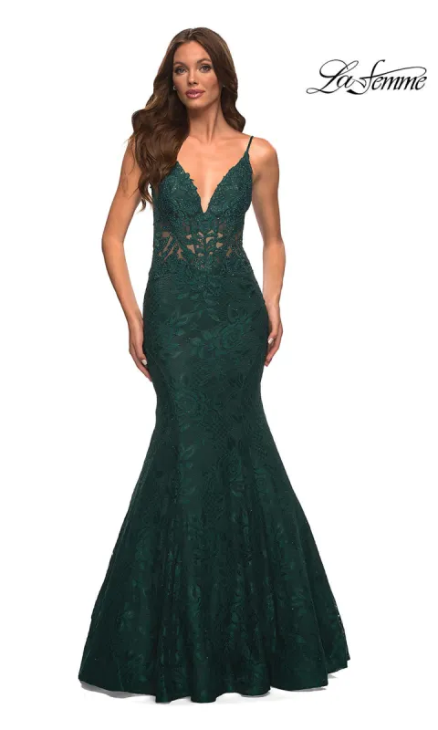 La Femme Lace Sheer-Waist Long Mermaid Prom Dress sold by PromGirl