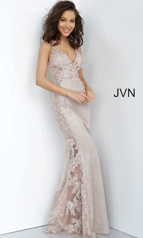 JVN by Jovani Sheer-Panel Long Glitter Prom Dress sold by PromGirl