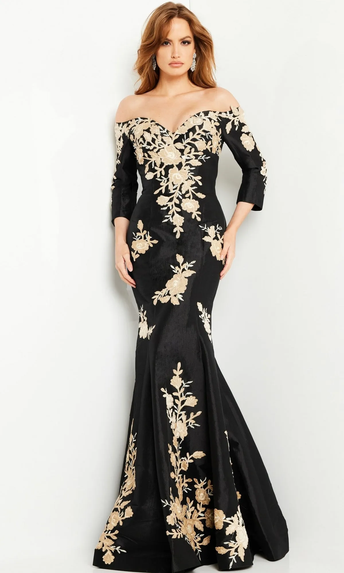 Black Mermaid Formal Gown 24327 with Gold Flowers sold by PromGirl product image thumbnail 5