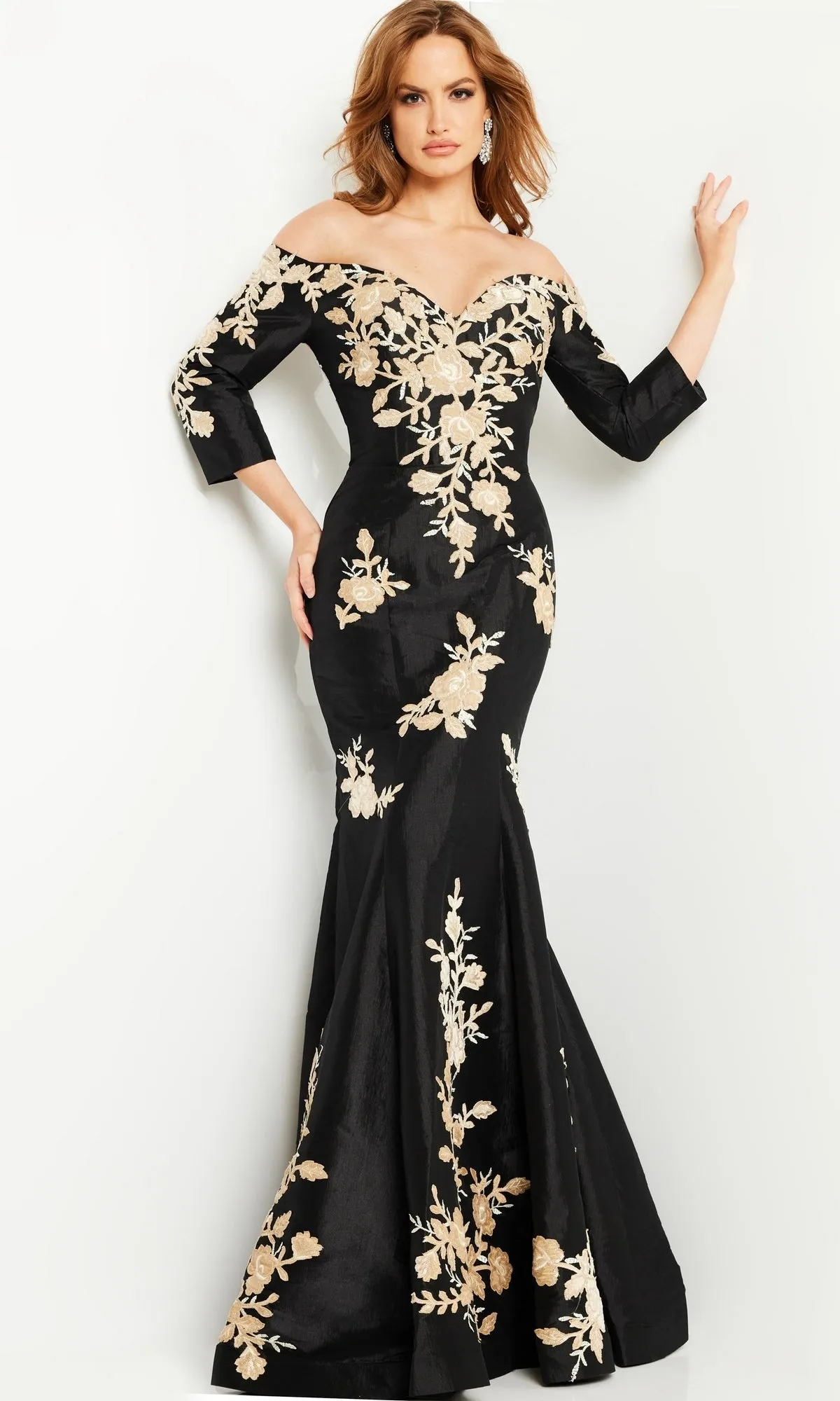 Black Mermaid Formal Gown 24327 with Gold Flowers sold by PromGirl product image thumbnail 3