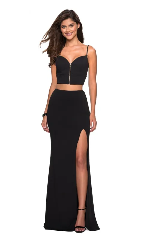 Mock-Two-Piece Black Prom Dress: La Femme 27453 sold by PromGirl