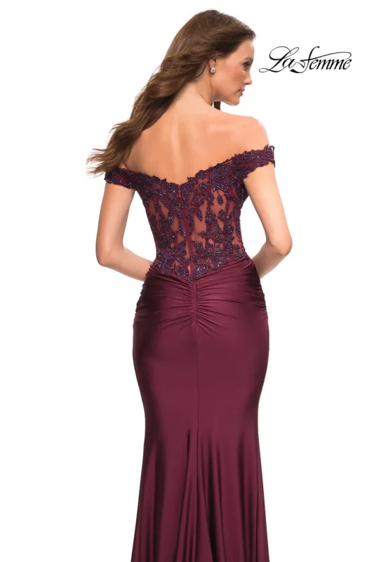 Lace-Bodice La Femme Off-the-Shoulder Prom Dress sold by PromGirl