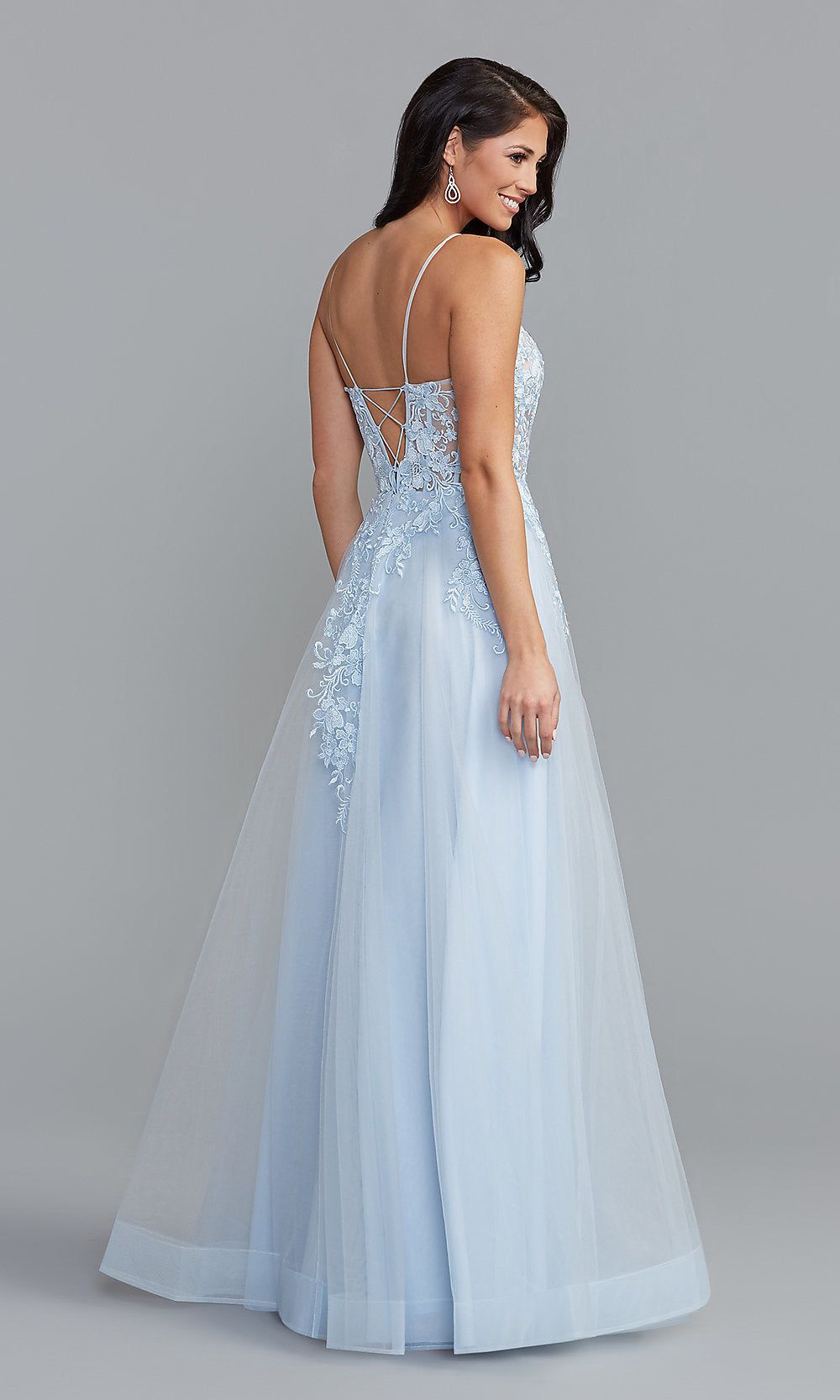 Long Blue Prom Dress with Embroidered Sheer Bodice sold by PromGirl product image thumbnail 2