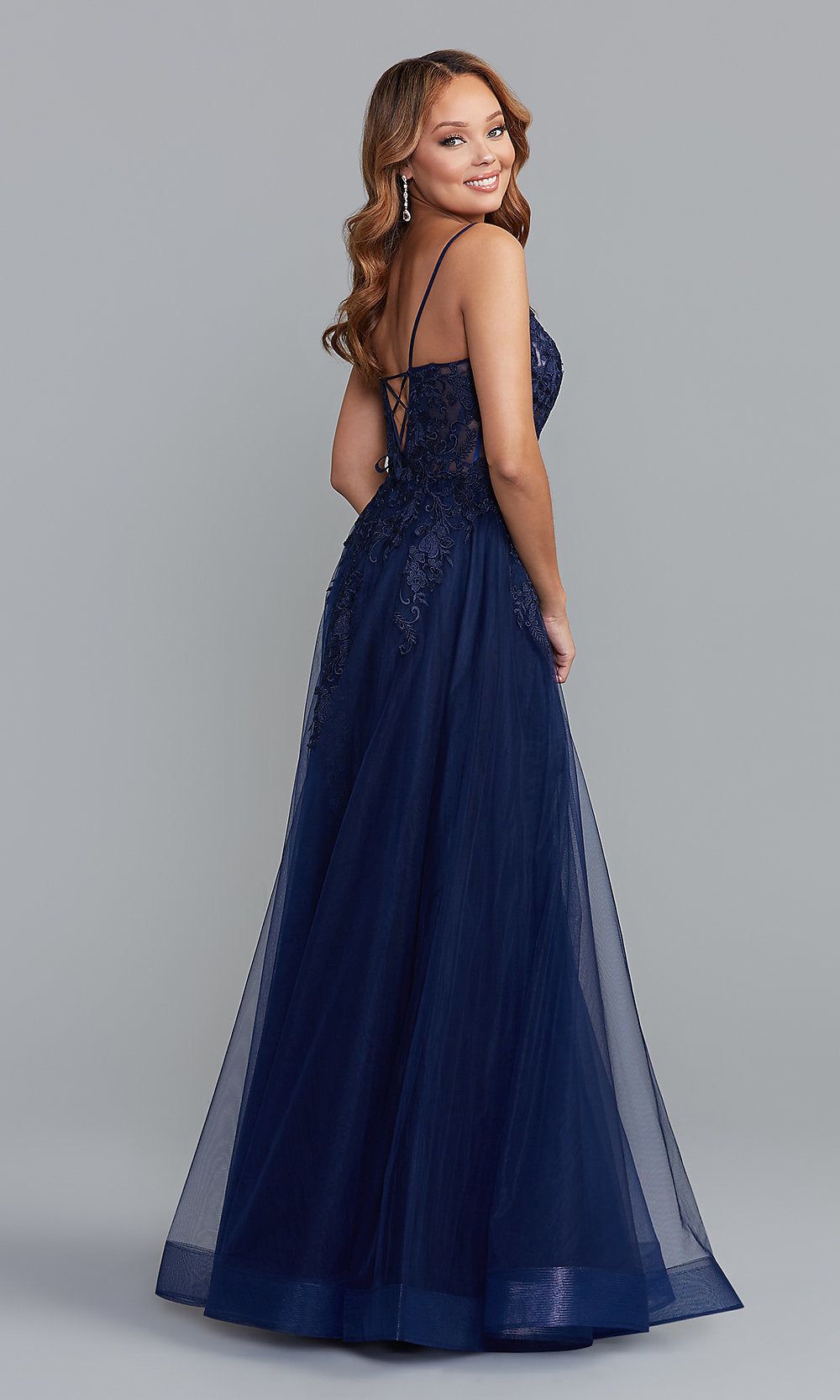 Long Blue Prom Dress with Embroidered Sheer Bodice sold by PromGirl product image thumbnail 4